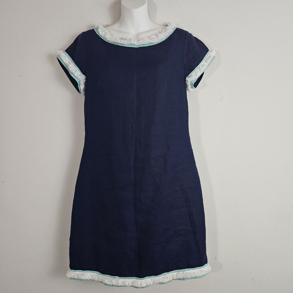 Sail to Sable Dress 8 Navy Blue Mini Shift Linen Fringe Trim Nautical Coastal
